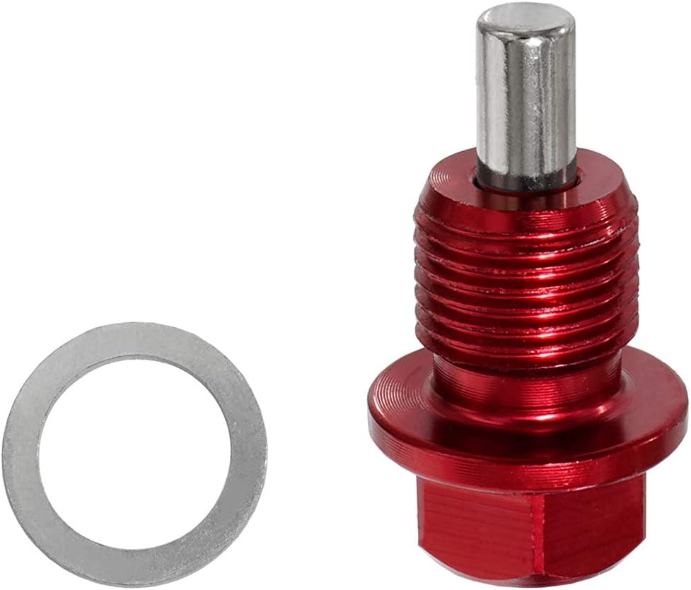 PitVisit Magnetic Oil Drain Plug Bolt with Gasket Washer Seal Included Reusable Aluminum Plug (M12 x 1.75, Red)