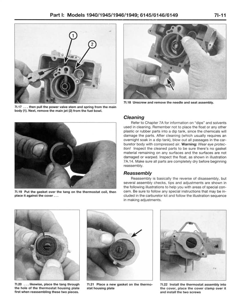 Page from manual showing carburetor overhaul steps 7.17 to 7.22 and cleaning/reassembly notes