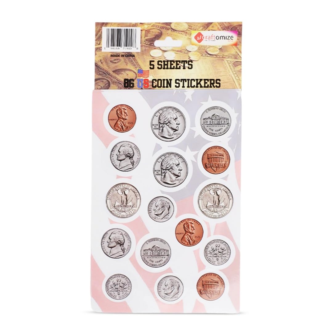CraftomizeUSA 86 US Coin Stickers for Kids - Arts and Crafts Stickers - Classroom Stickers - Stickers for Teachers - Quarter - Dime - Nickel - Penny Stickers