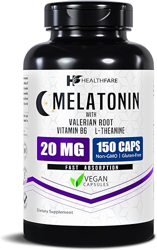 Melatonina de 20 mg  150 tabletas  Complejo con L-teanina, raíz de valeriana y vitamina B6  Fórmula vegetariana  Sin OMG  Sin gluten  Fabricado en