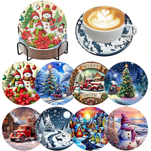 ijbnhd 8 PCS Christmas Diamond Art Coasters Kit, Diamond Painting Coasters with Holder, Non Slip Coaster Art Supplies for Adults, Christmas Gift 4X4inch (Cork Wooden Pad)