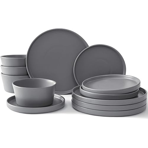 UMINEUX Ceramic Dinnerware Set for 4, 12-Piece Plates and Bowls Set for Kitchen and Dining, Modern Dishes Set, Dishwasher & Microwave Safe, Gray