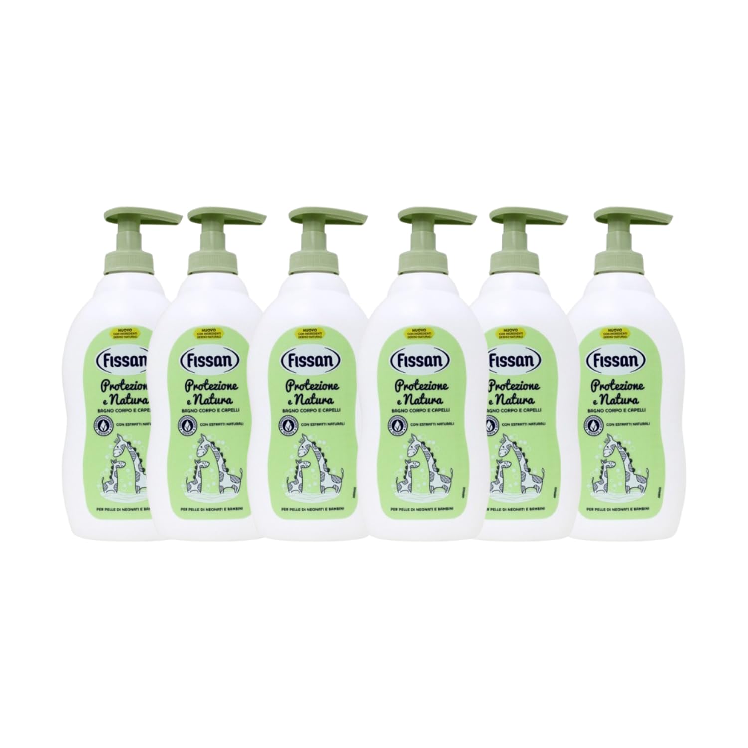 FISSAN - Protezione e Natura Bagno Corpo e Capelli per Pelle di Neonati e Bambini - Delicato sugli Occhi - 0% Coloranti e Detergenti Solfati - Dermatologicamente Testato - 6 Confezioni - 400ml