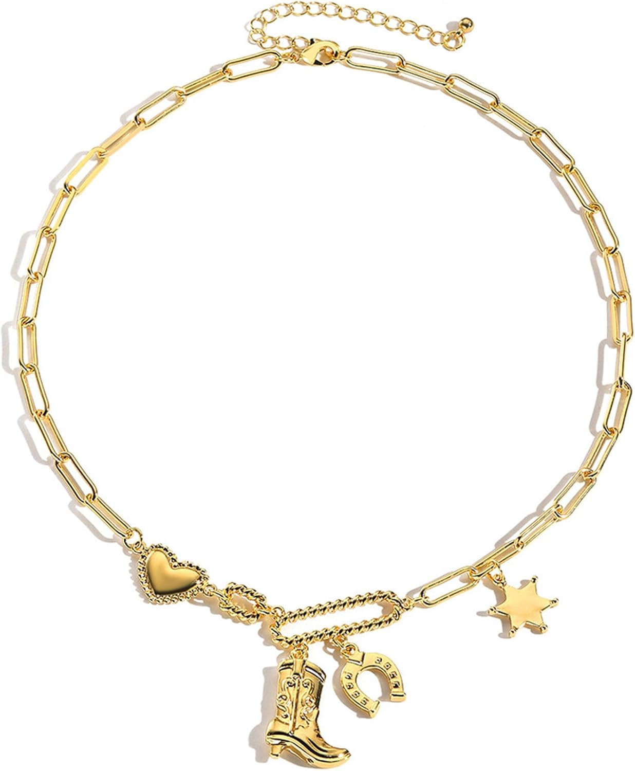 Gold Charm Necklace for Women Western Jewelry, Boho Horseshoe Pendant Cowgirl Cowboy Boots Hat Bull Head Cactus Charms Dainty Paperclip Chain Choker Necklaces