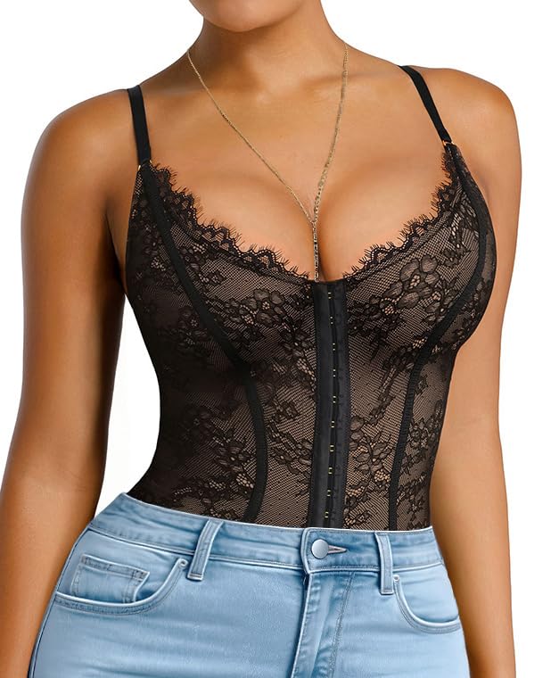 SHAPELLX One-Piece Lace Shapewear Bodysuit for Women Body Shaper Fajas for Women Tummy Control Black Small