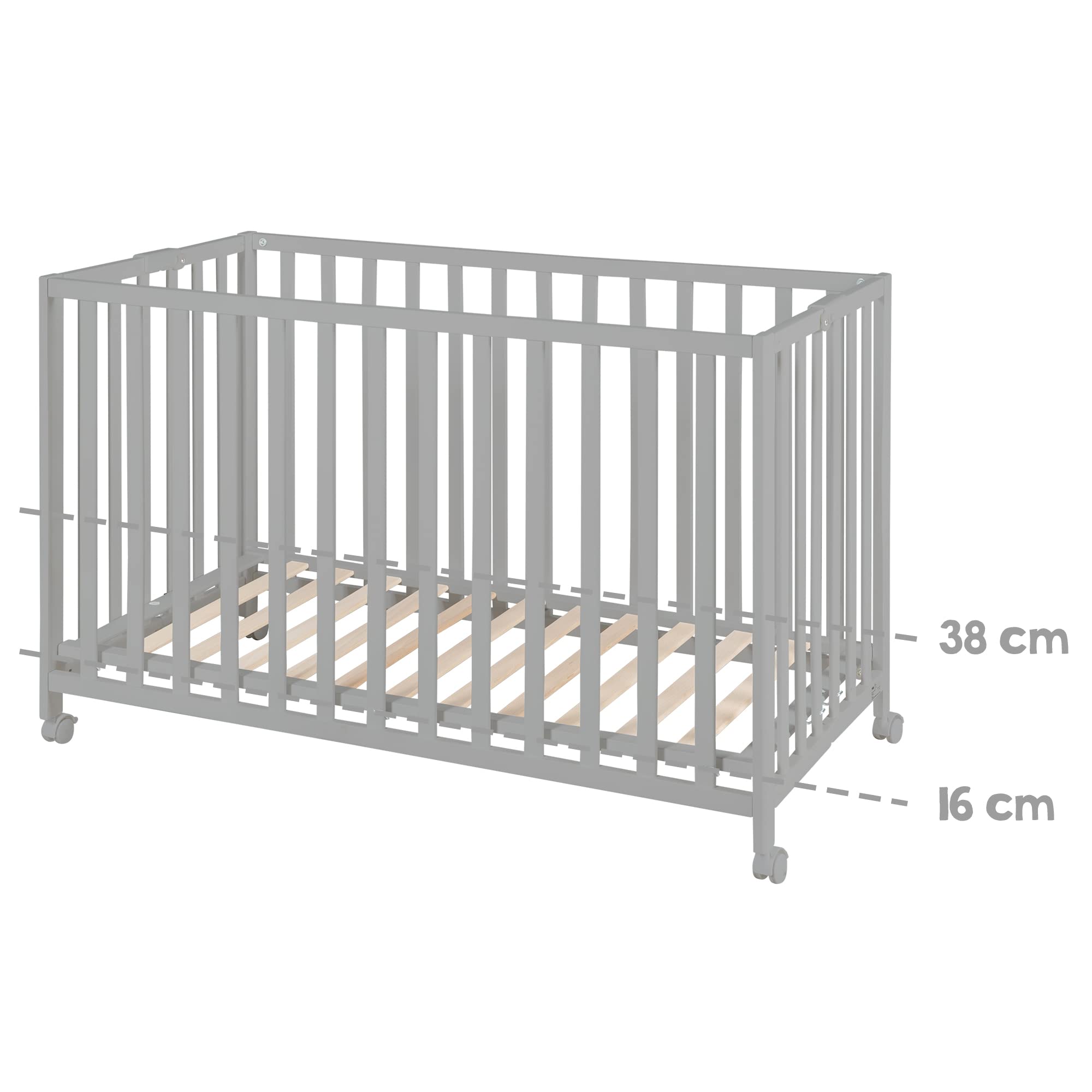 roba Klappbett Fold Up 60 x 120 - Klappbares Babybett aus Holz - 2-fach höhenverstellbar - Platzsparendes Gitterbett auf Rollen - Taupe