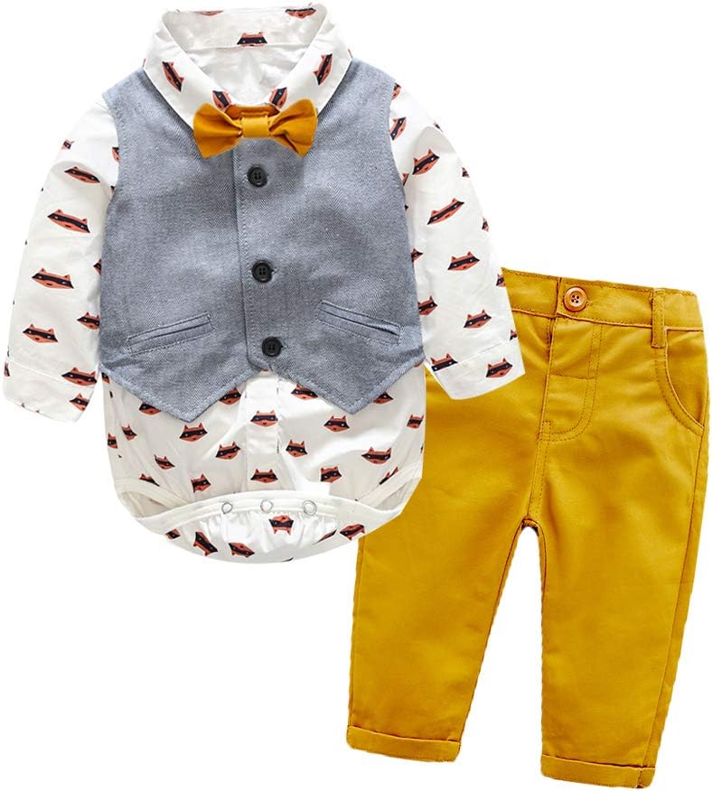 Tem Doger3Pcs Baby Boys Gentle Long Sleeve Bowtie Bodysuit Shirt Vest with Pants Clothing Set Outfit
