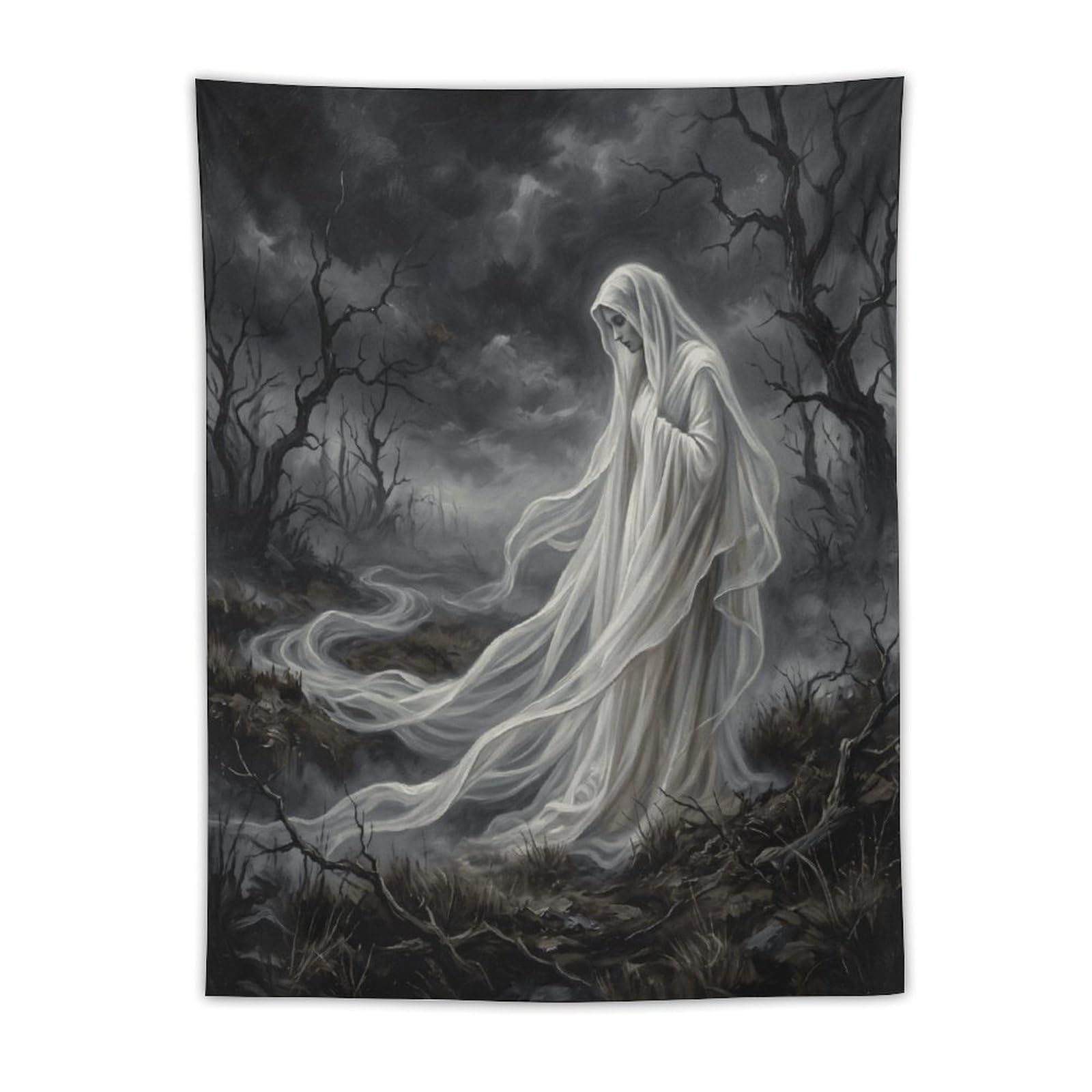 W7C8U2X3 White Ghost Storm Forest Wall Tapestry, Dark Fantasy Illustration