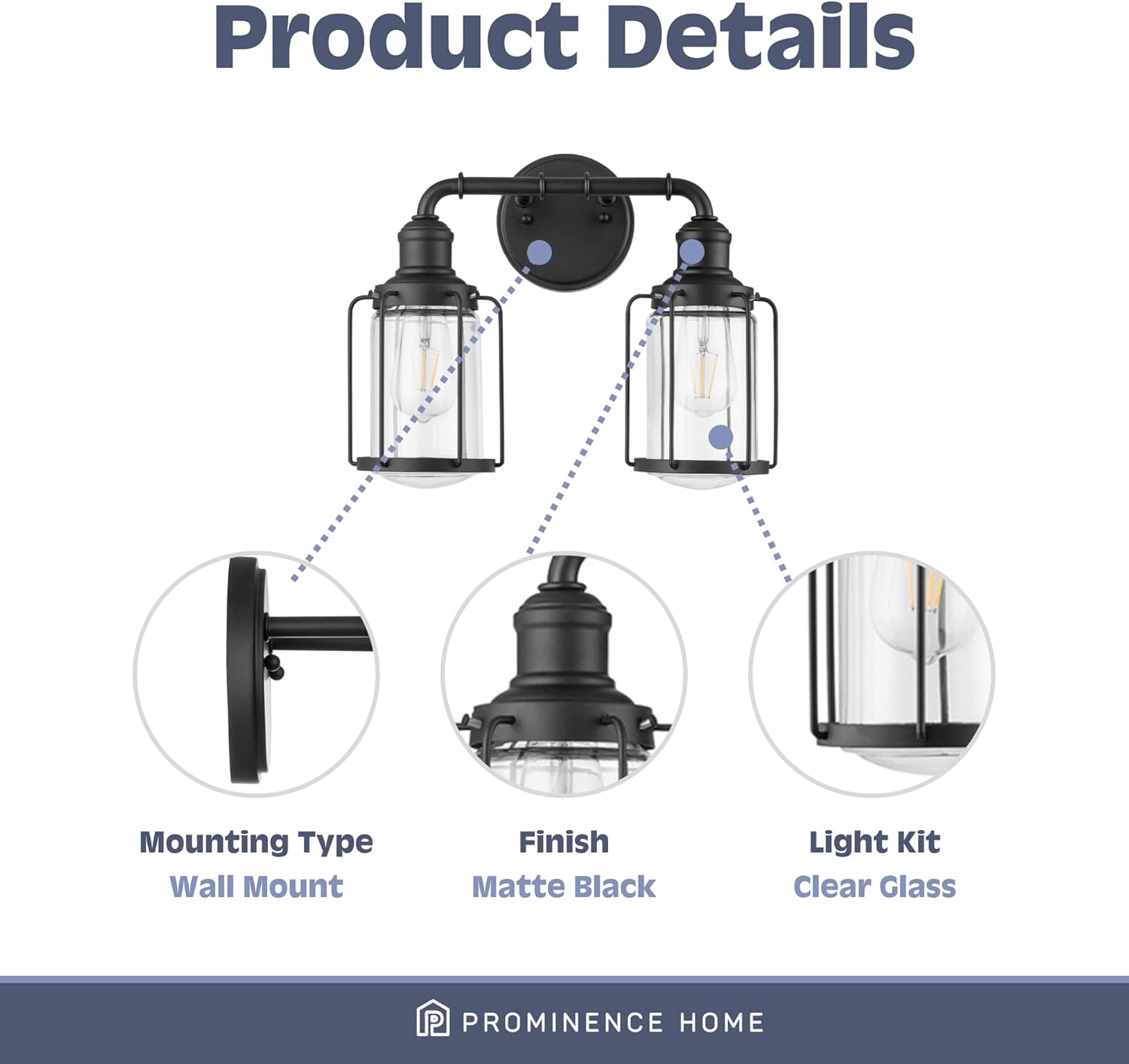 Prominence Home Lincoln Woods 2 Light Matte Black Industrial Bathroom Vanity Light with Cage and Clear Glass - 51544-01