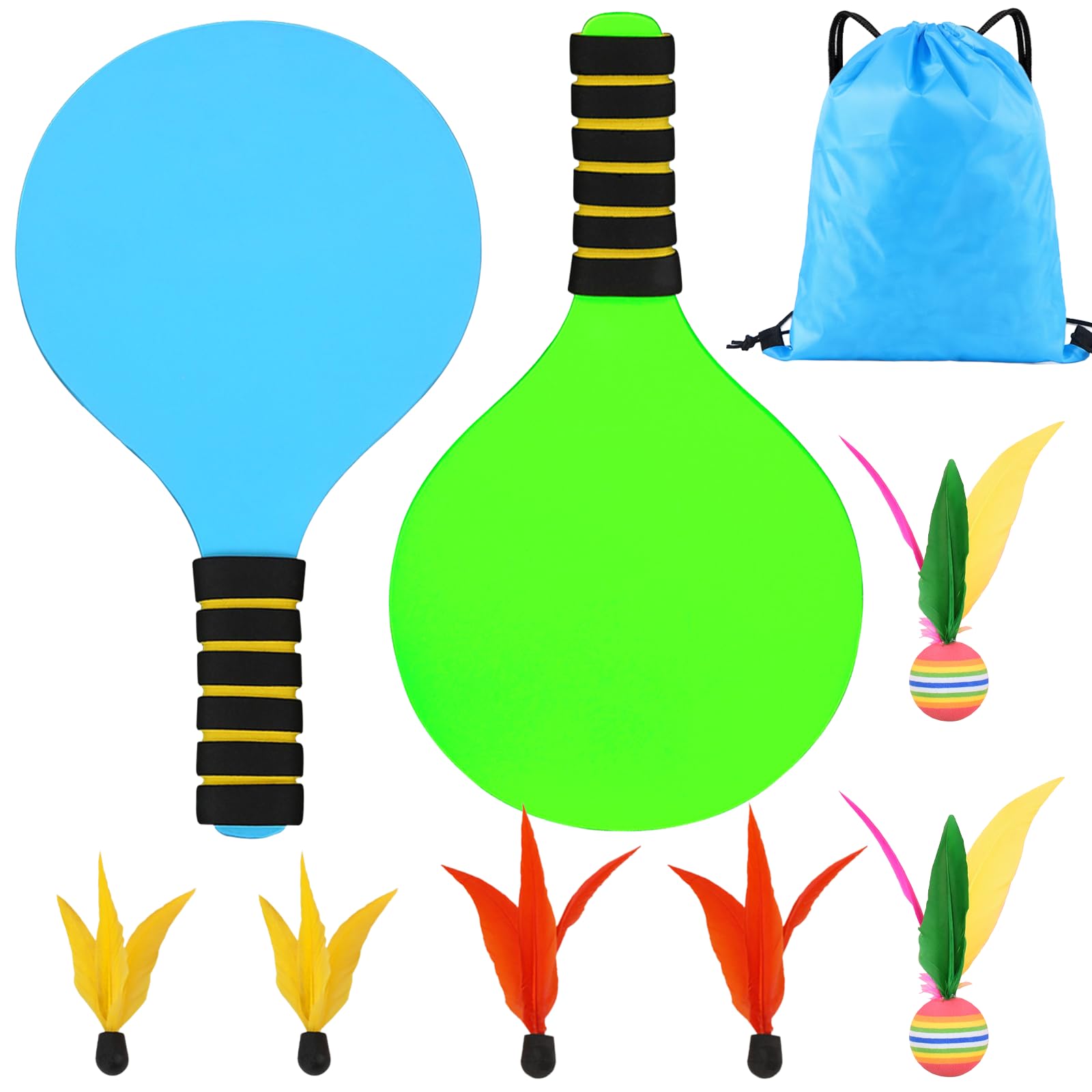 Beach Ball Spiel Set, Strandball Schlägerset für Kinder, Beachball Set with 2 Schläger 6 Federbälle 1 Tasche, Paddleball Spielset für Kinder&Familie für Garten Strand Party