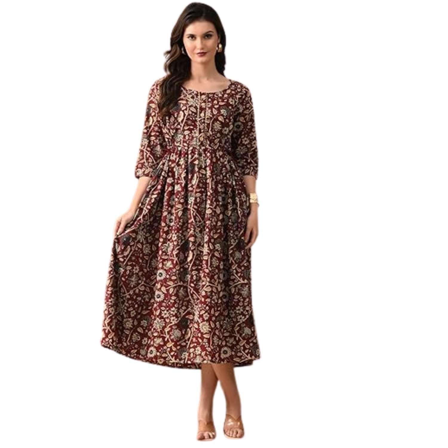 Women's Cotton Floral Maternity Kurti Gown with Feeding Zips Comfortable A-Line Feeding Dress for Women Pregnancy Wear-image-34