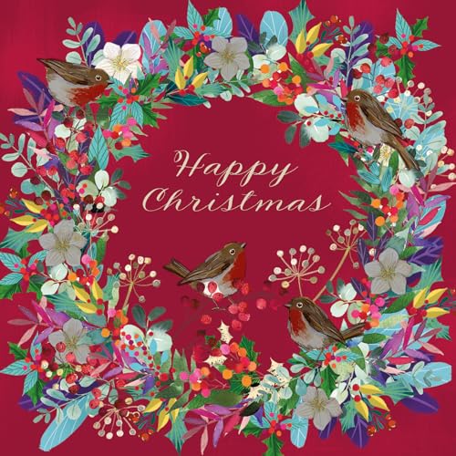 Marie Curie Charity Floral Robin Wreath Christmas Cards, 14 x 14 cm, Pack of 10 with Envelopes