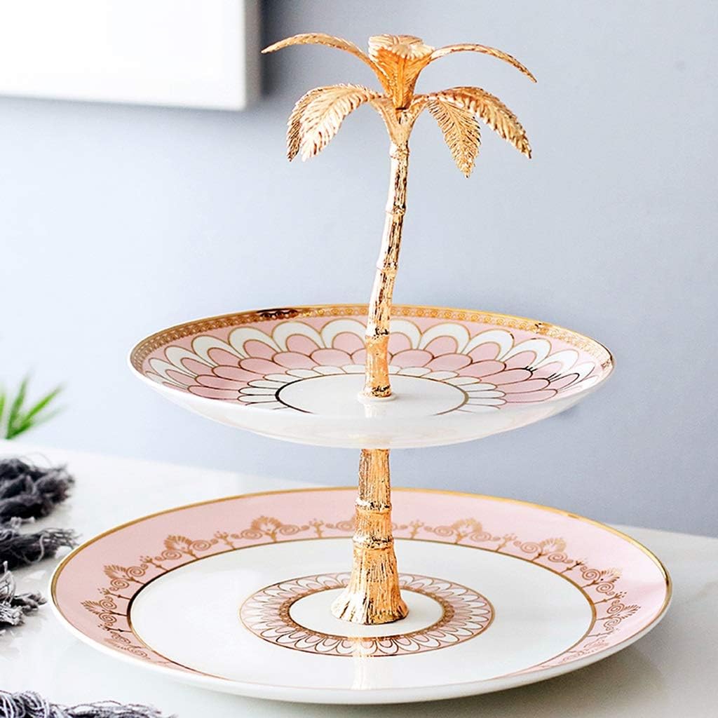 Cupcake Stand Desserts Stand Nordic Simple Double-Layer Candy and Dried Fruit Snack Rack Living Room Ceramic Cake Stand Fruit Plate Stand Coconut Tree Handle (Color : Pink B Size : 2 Layer)