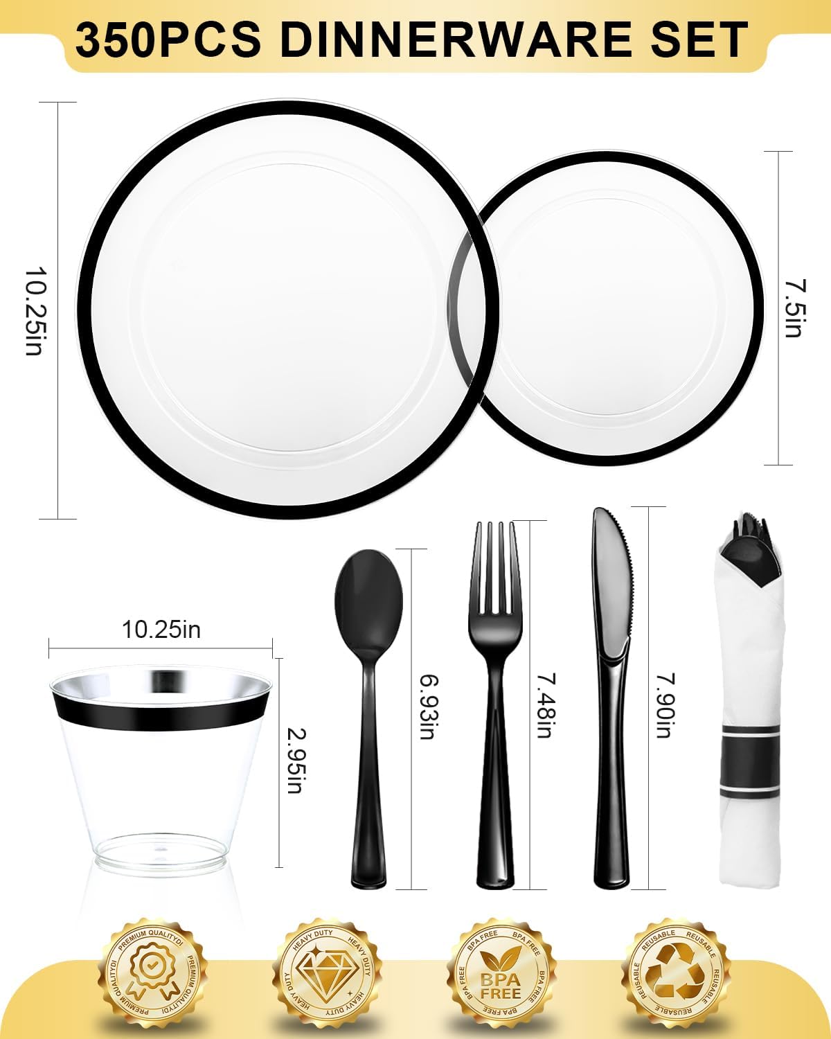 350Pcs Clear & Black Plastic Plates for Party, Disposable Dinnerware Set for 50 Guests,100 Plastic Plates,50 Cups, 50 Pre-Rolled Napkins with Cutlery for Party, Wedding, Christmas - Image 2