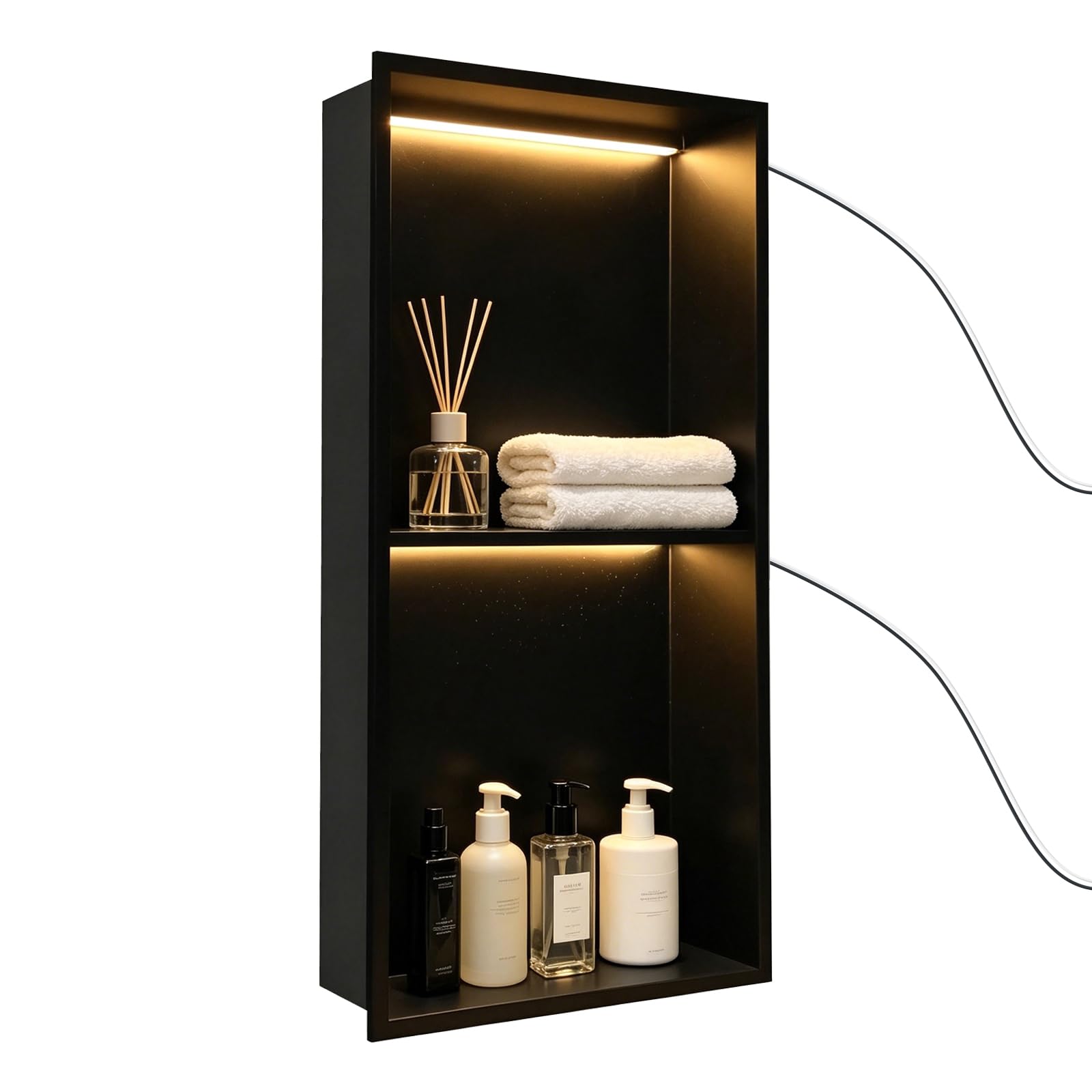 Dwlhap Shower Niche with LED Light, 600 x 300 x 100 mm Stainless Steel Wall Insert, Recessed LED Shower Shelf Waterproof Bathroom Storage Black