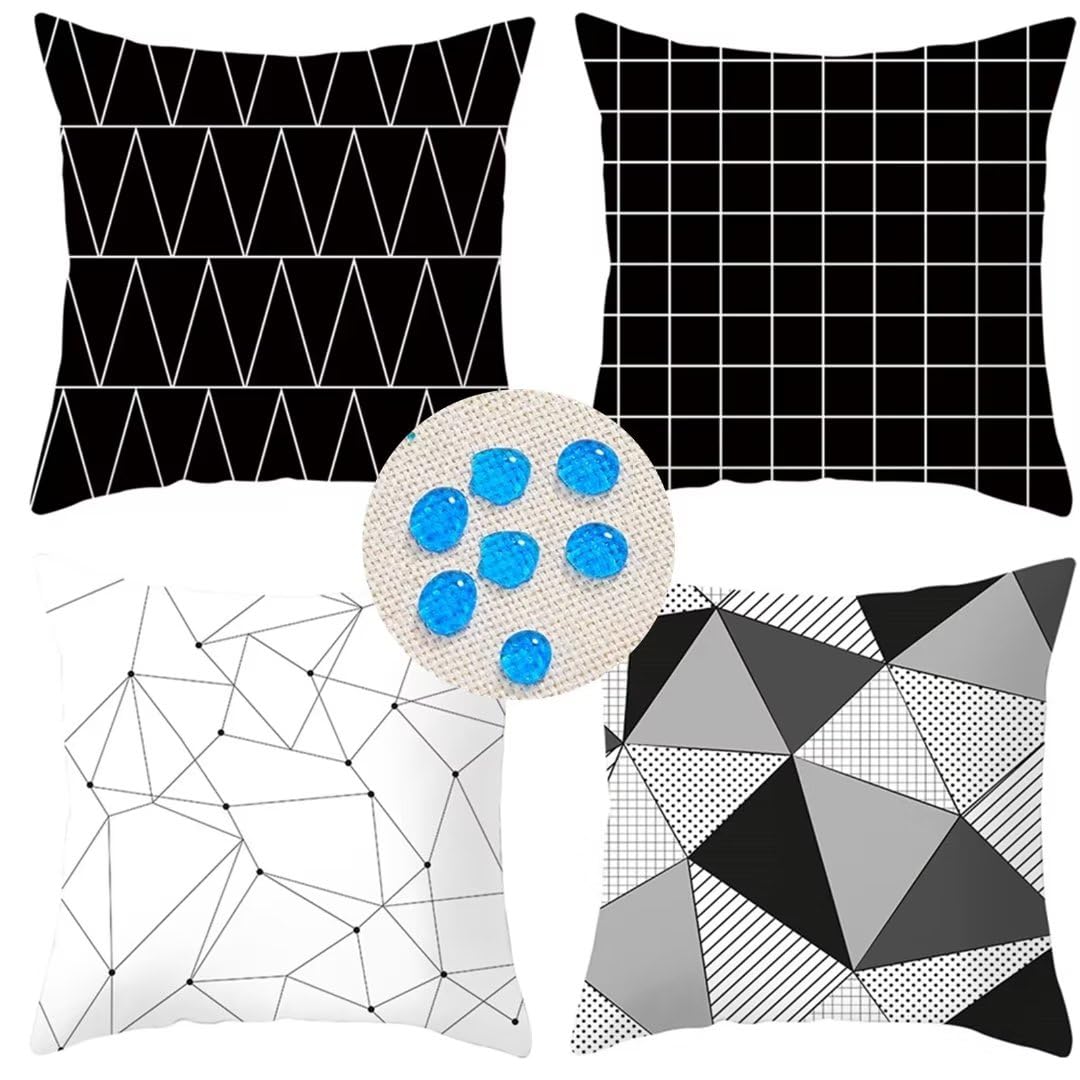 Set di 4 Fodere per Cuscino Impermeabili 55x55cm, Federe Cuscini Divano Geometria Bianco Nero Biancheria Decorativi Copricuscini in Lino con Cerniera Nascosta per Esterno Grandi Cuscini Esterno A227