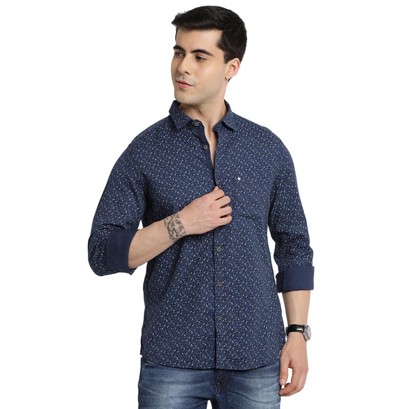 Chemise imprimé bleu marine Turtle en coton à manches longues pour homme