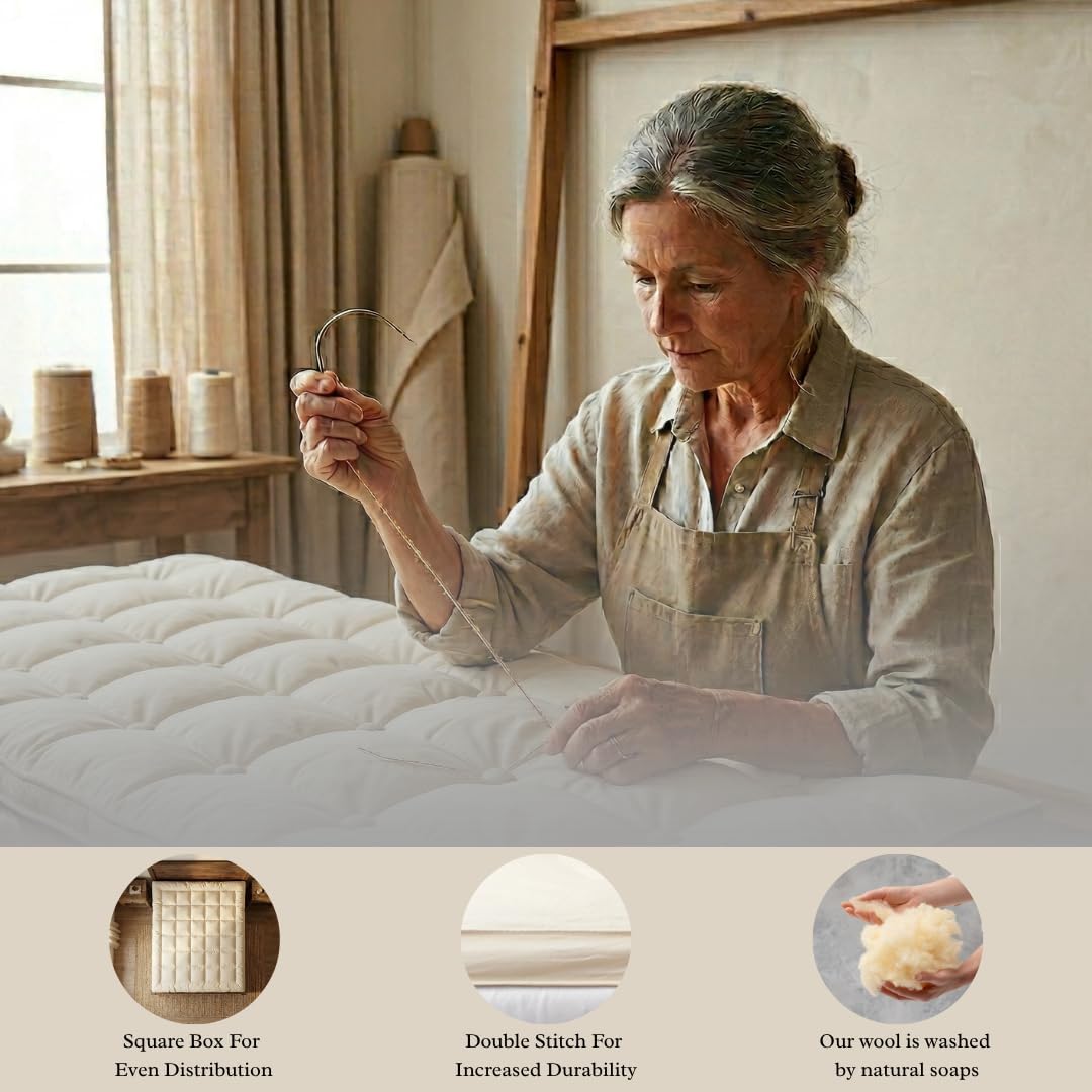 100% Merino Wool Mattress Topper 1500GSM for Back Pain Relief Natural Handmade Merino Wool Pad 2 Inches Thick Cooling Breathable with 2 Elastic Straps, Ivory Queen 60x80 Inches