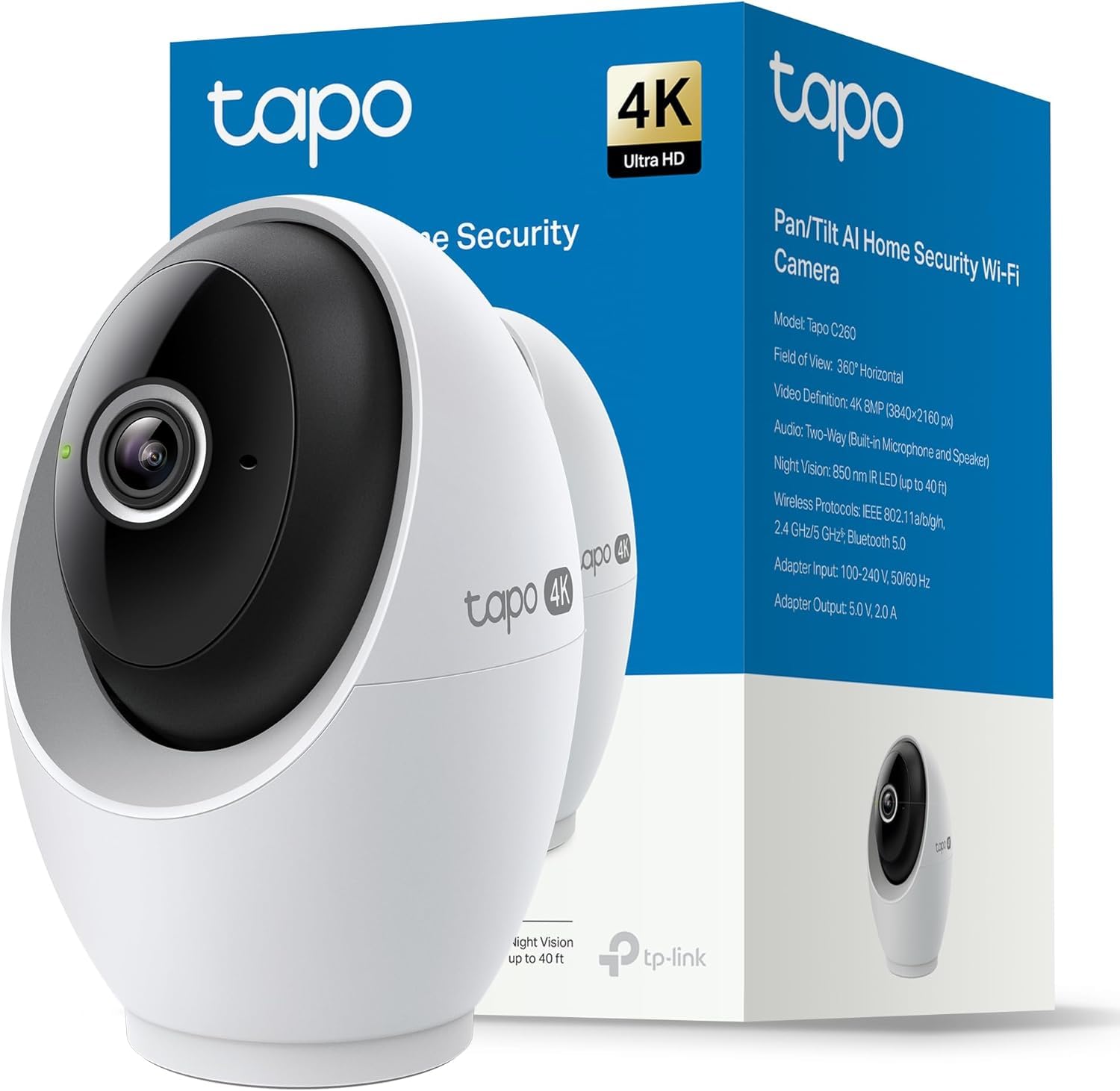 Tapo Wewnętrzna kamera bezpieczeństwa C260 4K 8MP 360°, lokalna wykrywanie AI, tryb prywatności fizycznej, 18-krotny zoom cyfrowy, śledzenie ruchu, dwukierunkowy dźwięk, karta MicroSD do 512 GB