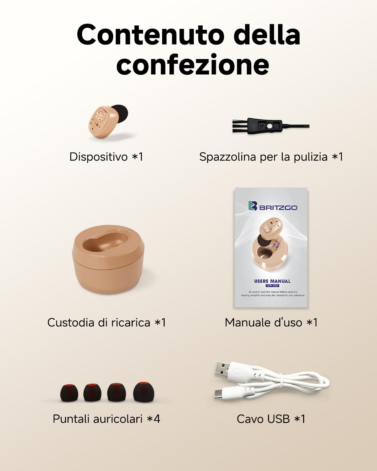 Britzgo Amplificatore Acustico VHP-1607 con Riduzione Intelligente del Rumore, Custodia di Ricarica Portatile, Design Ergonomico a L, Autonomia fino a 48 Ore e Ricarica USB (Beige)