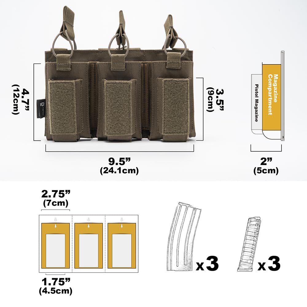 TSPRO Pouch Tattico MOLLE, Militare Triplo Caricatori, Apertura Superiore Aperta con Elastici di Fissaggio per M4, M14, M16, AK e Compatibile con Magazzini di Pistole
