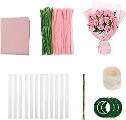 Kit de limpeza de cachimbo de flores, 400 peças/320 peças de limpadores de cachimbo de hastes de chenille com fios florais, fita de jardinagem, bastão de cola, fita, papel de embrulho (320