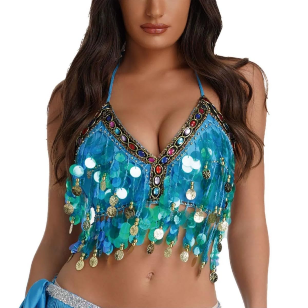 Samheng Women's Blue Sequined Latin Belly Dance Bra Top, Glittery Sequins Halter Neck Fringe Tassel Latin Belly Dance Crop Tops, Sexy Strappy Backless Tube Top Tank For Party Club Carnival Clubwear Rave Outfits