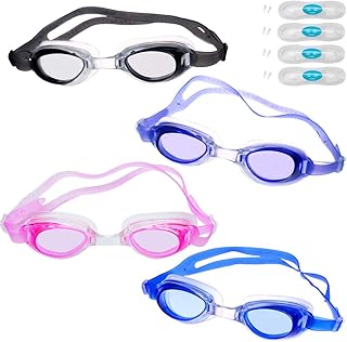 Peicees 4 Pack Swim Goggles for Kids 6-14 with Earplugs and Case Clear Anti-Fog