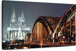 ElephantStock - Bridge To Cologne Cathedral Wall Art - Horizontal Canvas Wall Art - Living Room Wall Decor - Photography Architecture Canvas Art - Gray And Brown Decor - 48" x 32"