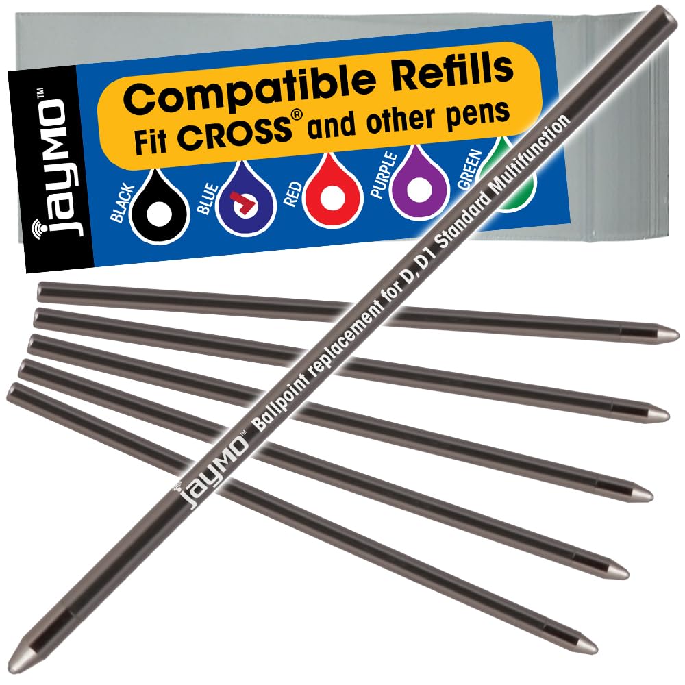 Jaymo Replacement For Cross 8518-4 And Schmidt 635 - Measures 2.625 In / 67 Mm Long - D  D1 Standard Multifunction Mini Ballpoint Pen Refill 12 Black