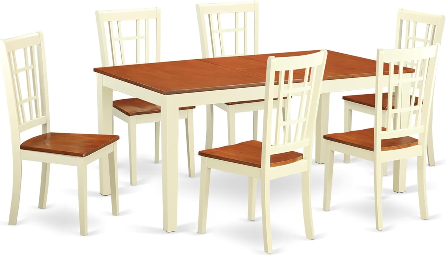 East West Furniture NICO7-WHI-W 7 Piece Dining Room Furniture Set Consist of a Rectangle Kitchen Table with Butterfly Leaf and 6 Dining Chairs, 36x66 Inch, Buttermilk & Cherry