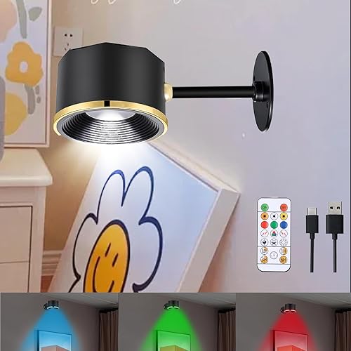 MIOBLUE Luz LED de lectura montada en la pared, aplique de pared inalámbrico con control remoto, rotación de 360, luz de pared magnética RGB para