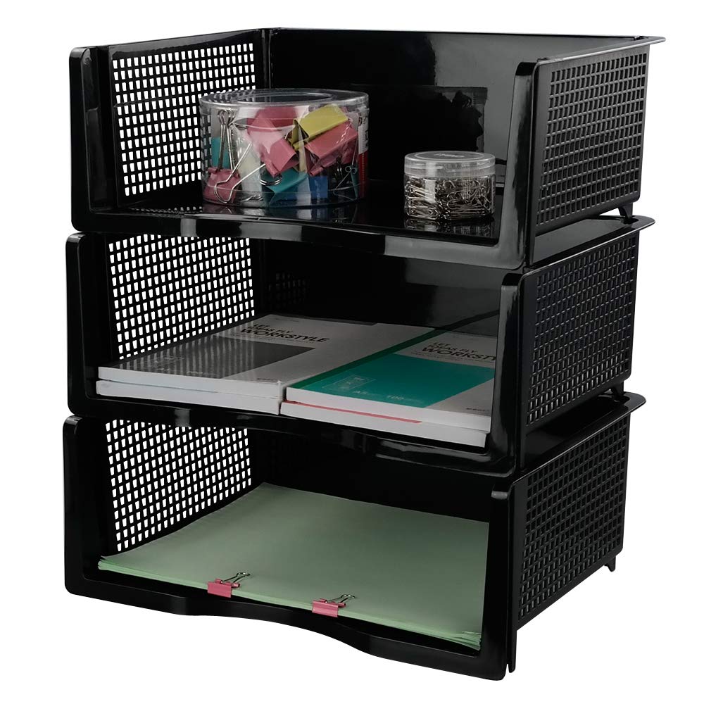 Neadas 3 Packs Plastic Document Office Desk Trays, Stackable Layered Basket, Black