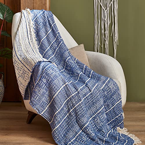 Milam London Boho Jeté de lit en mousseline 3 couches pour fauteuil, canapé ou lit, couverture respirante, douce et réversible, 100 % coton biologique, 130 x 170 cm, bleu Cover