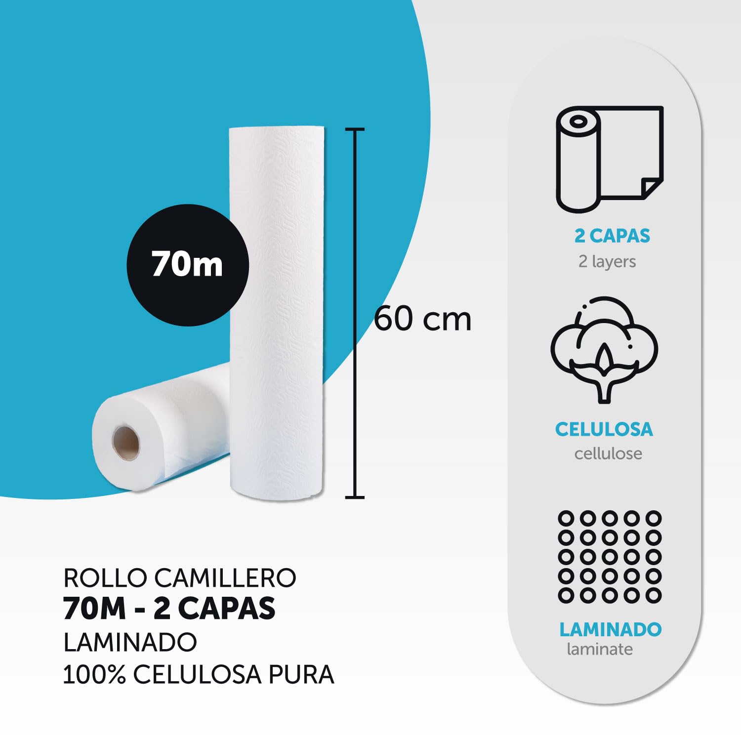 Rollo para Camilla, Rollo Papel para Camilla de Procedimientos Médicos, Masaje, Tratamientos de Belleza y Spa, Papel para Camilla de Estética y Masaje (60cm x 70m laminado celulosa, 24 unds)
