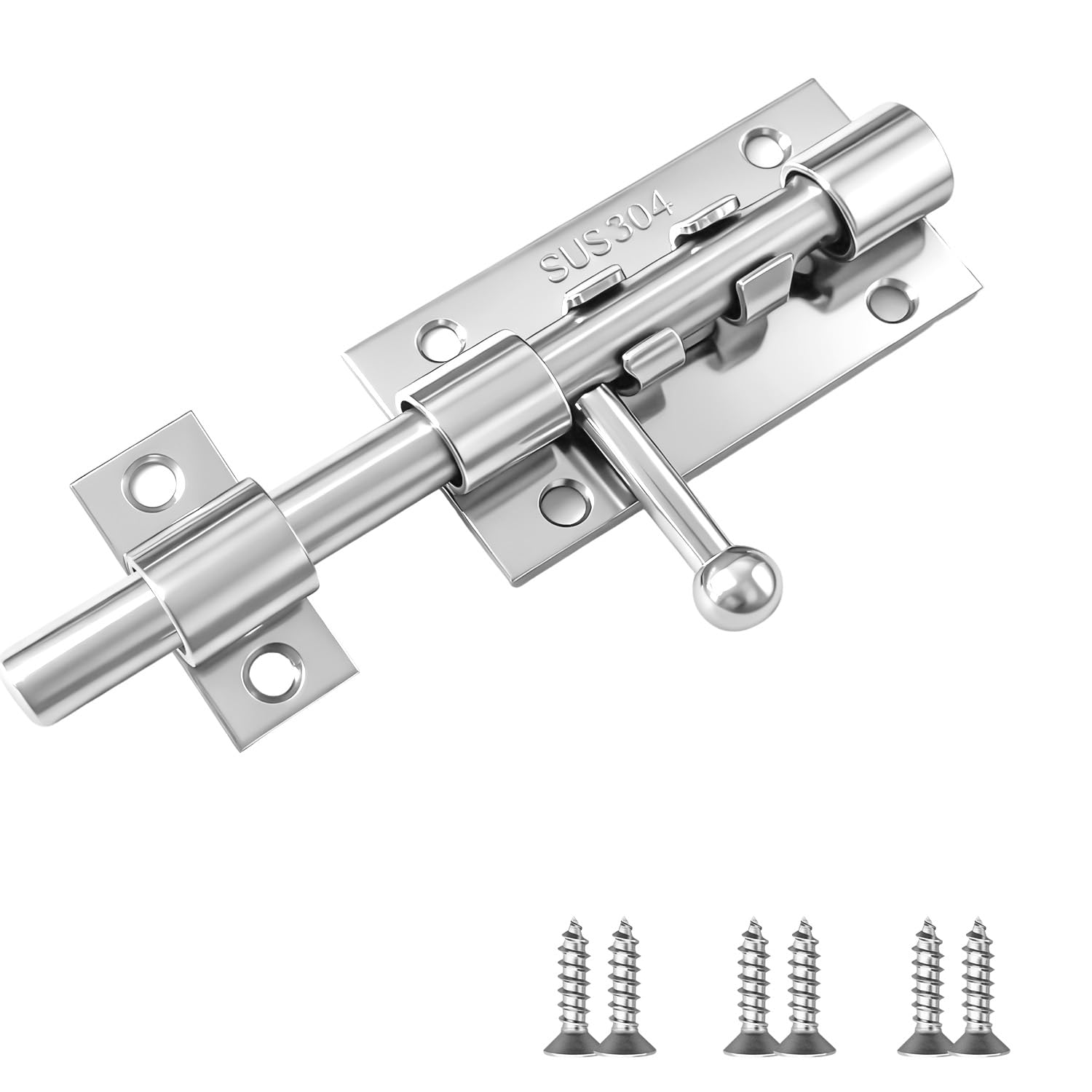 304 Stainless Steel Door Bolt Lock 6in (160mm) - 12mm Dia Heavy Duty Bolt Lock for Bathroom Door, Bedroom & Internal Doors - Sliding Gate Latch with 7mm Padlock Hole