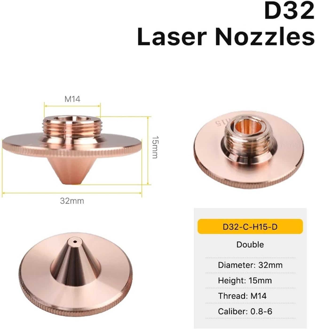 Fiber Laser Nozzles Dia.32 H15 Single Layer Chrome-Plated Double Layers Caliber 0.8-5.0mm 1Pcs
