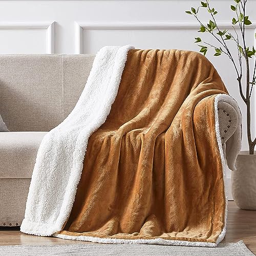 GREATOYAR Manta de Franela y Borreguillo para Cama Sofá, Reversible de Premium Microfiber Polyester, Suave Cómoda, Cálida Esponjosa, para Invierno Otoño, Marrón Claro, 130X160cm