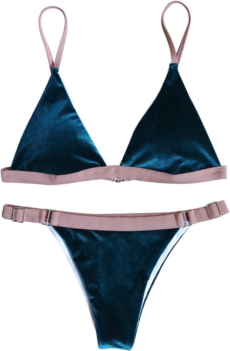 RUUHEE Women 2 Pcs Bikini Set Triangle Top Brazilian Bottom Velvet Swimsuit Swimwear (L(US Size 6-8), B972)
