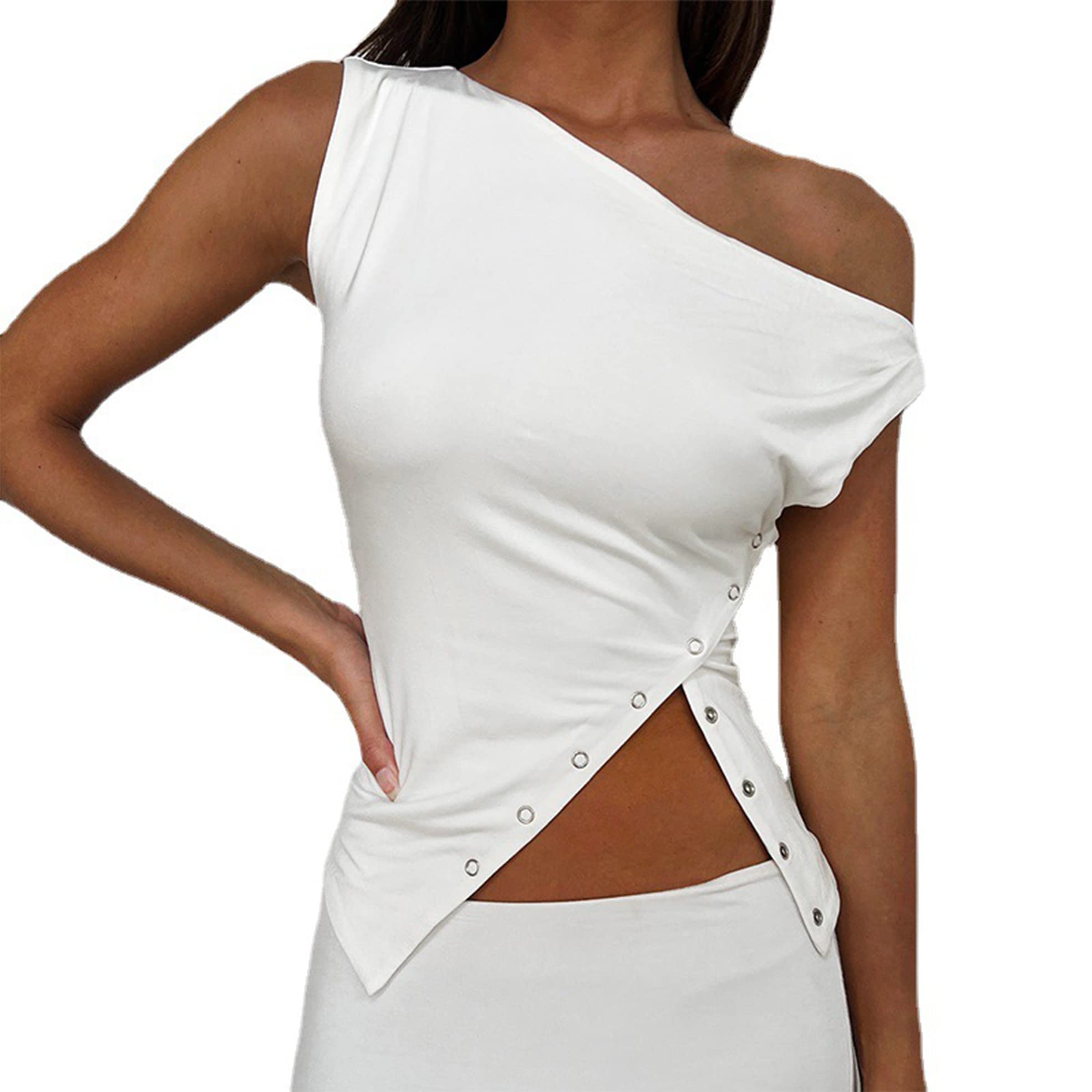 SAFRISIORWomen One Shoulder Button Sexy Crop Top Solid Sleeveless Off Shoulder Asymmetric Crop Tank Top Vest Tee Shirt