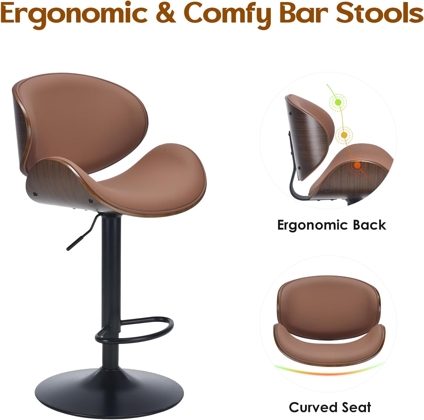 Soohow Adjustable Bar Stools Set for 2, Ergonomic Modern Swivel Bar Stools with Back for Kitchen Island, PU Leather Bar Stool with Footrest Mid Century Barstools, Industrial Counter Height Bar Stools
