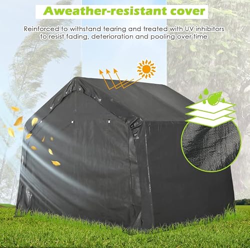 Tnine 10' X 10' Heavy Duty Steel Metal Frame Peak Roof Outdoor Anti-Snow Storage Shed With Waterproof Cover For Snowmobile Garden, Grey #TOP2