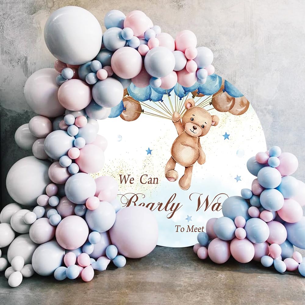 AOFOTO 2,2 x 2,2 m Bär Junge Babyparty Runde Hintergrundabdeckung We Can Bearly Wait to Meet You Flying Teddy Blau Braun Luftballons Gold Glitzer Fotografie Hintergrund für Kinder Neugeborene Party