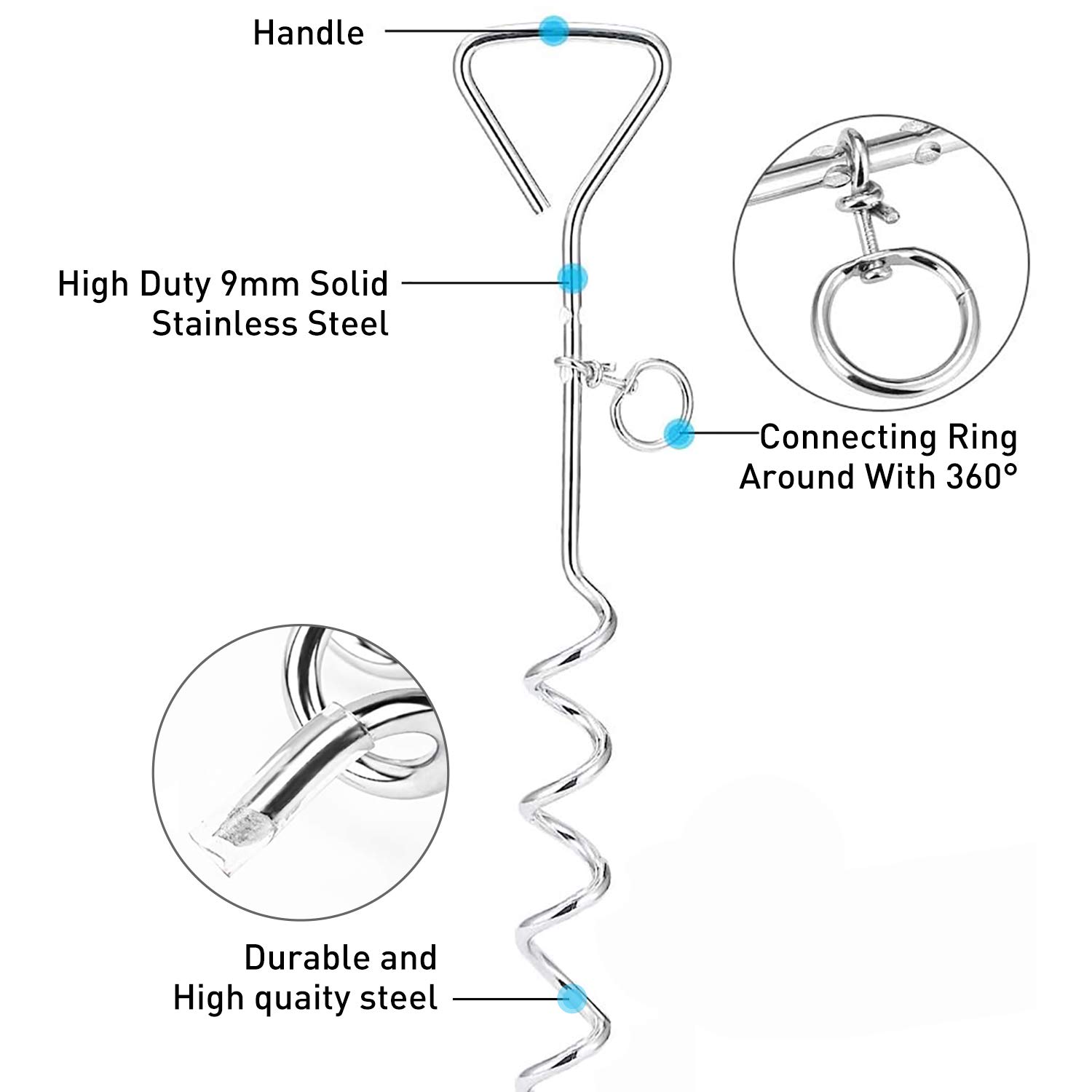 Dog Tie Out Cable and Anti Rust Spiral Stake , 30ft Outside Leash&Chain for Camping and Yard, 16'' Heavy Duty for Medium-Large Dogs Up to 125 lbs (30FT, Blue) - image 4