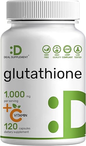 Suplemento de glutatión 1,000 mg por porción, 98% de pureza | Más vitamina C 500 mg, forma reducida activa (GSH) | Antioxidante intracelular - Apoya