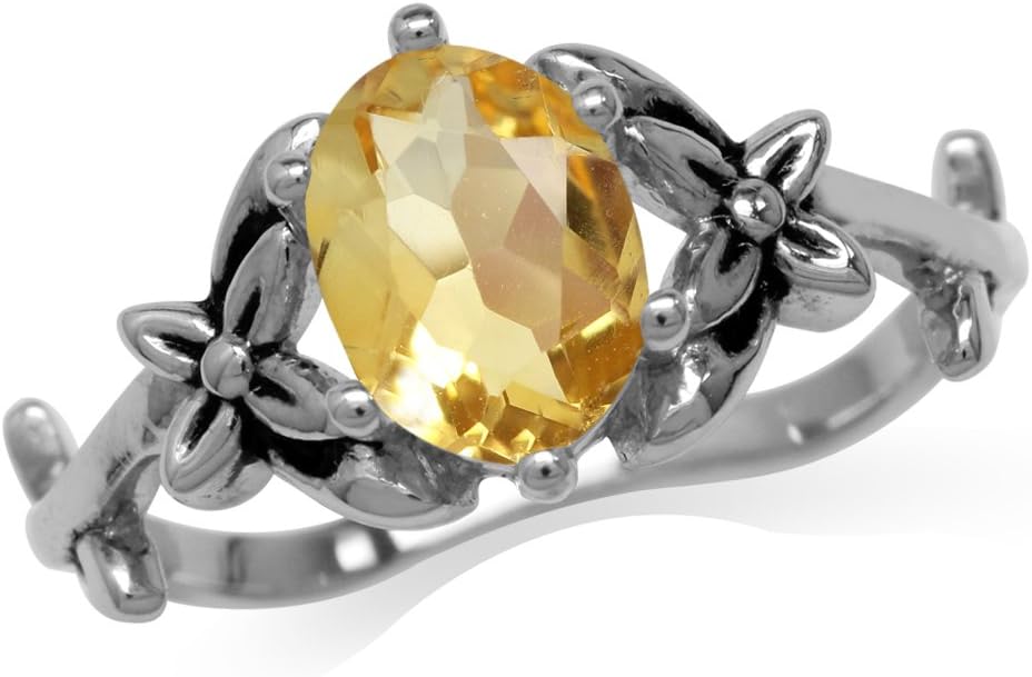 Silvershake 8X6mm Oval Shape Gemstone Antique Finishing 925 Sterling Silver Flower and Leaf Vintage Inspired Ring Jewelry for Women