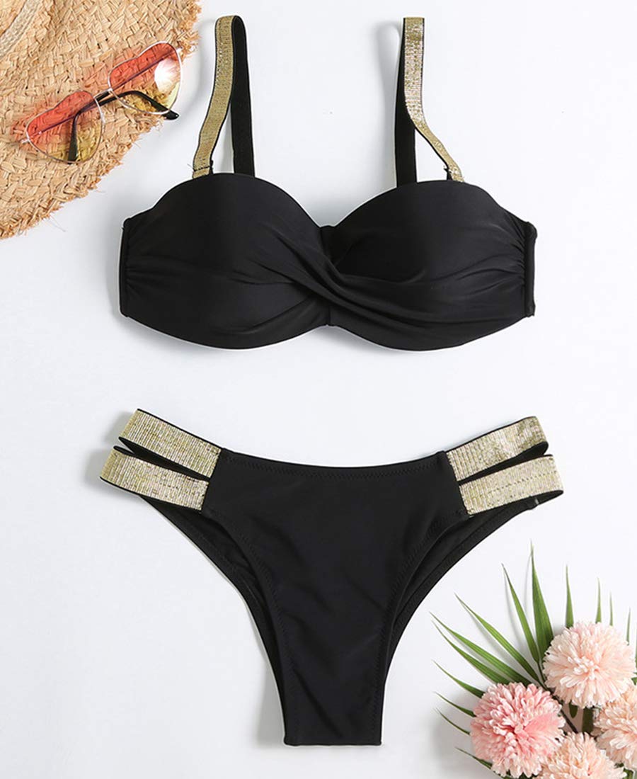 JFAN Traje de Baño de Mujer Cinturón Dorado Acolchado Bra Tops de Bikini Conjunto de Bikini de Color Liso Push Up Swimwear Dos Piezas Trajes de Baño Divididos