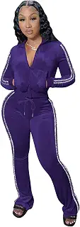 レディース Y2K ベロア トラックスーツ ツーピース ジップアップ パーカー フレアパンツ アウトフィット, サイドパッチワークグリッターストライプ-パープル, Medium