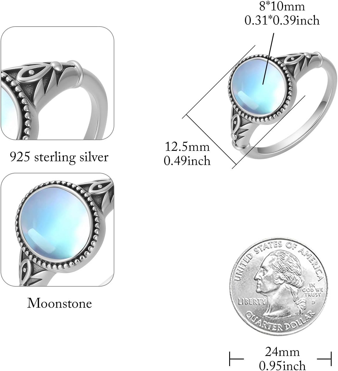 Moonstone Ring 925 Sterling Silver Oval Moonstone Vintage Ring Jewelry Gifts for Women - Image 6