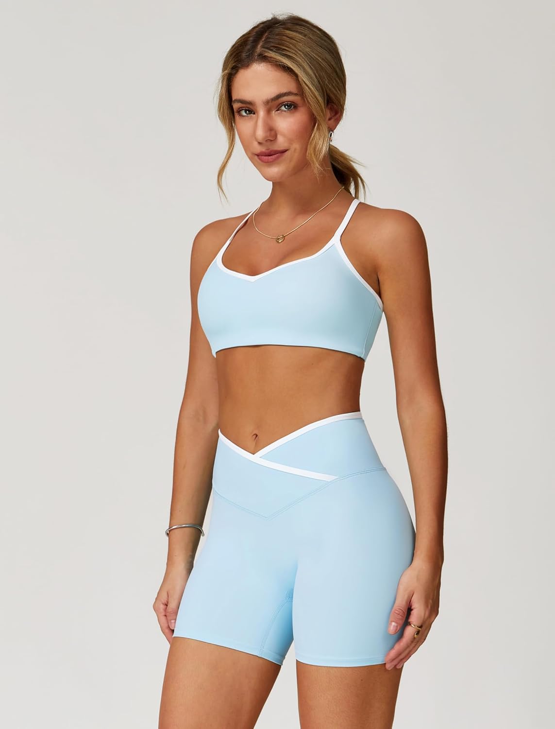 Women 2 Piece Workout Set Cami Straps Padded Colorblock X Back Sports Bra V High Waist Tummy Control Shorts Gym Outfit